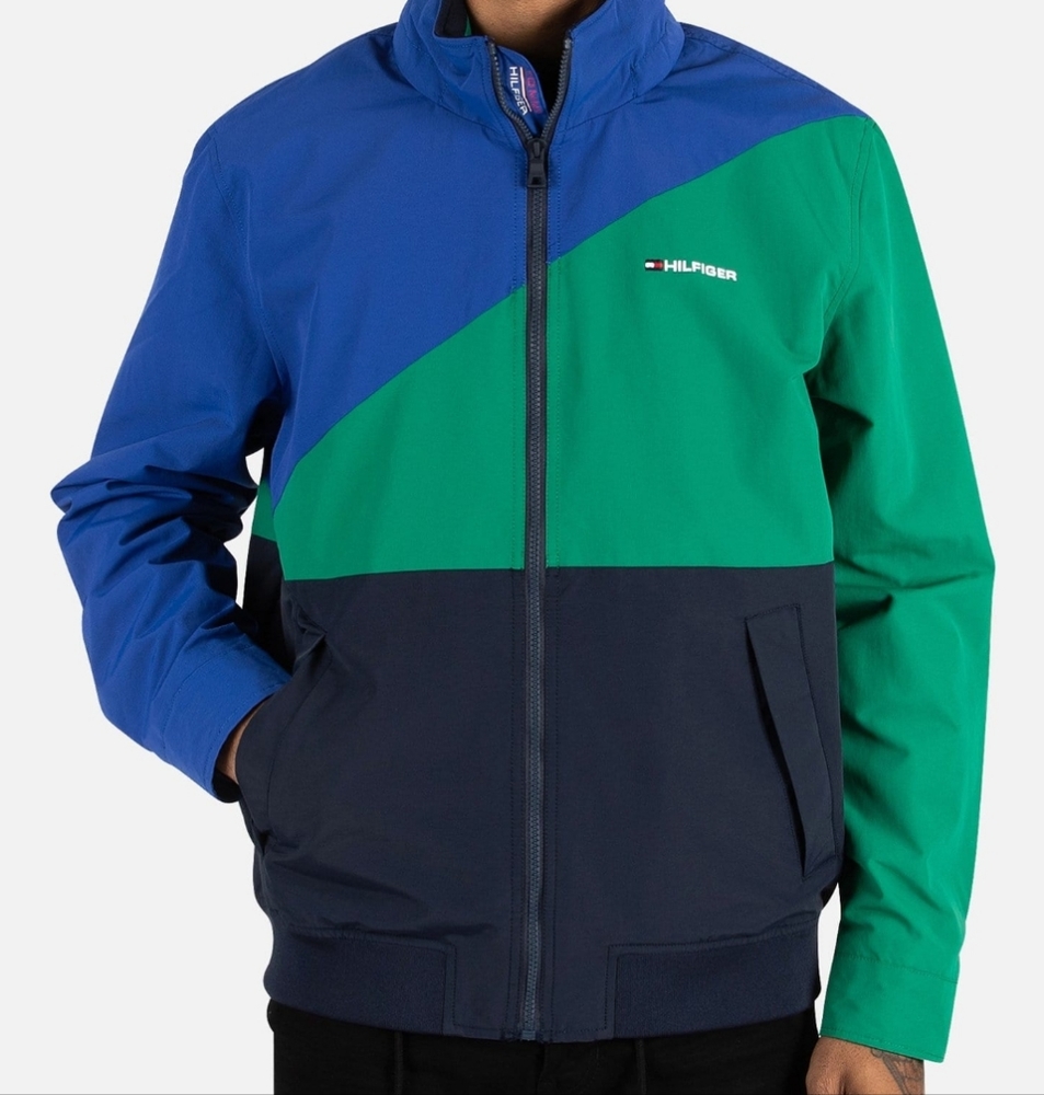 TOMMY HILFIGER ESSENTIAL COLORBLOCK YACHT JACKET BLUE/GREEN-BLACK -Size : Medium